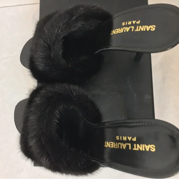 Saint Laurent Paris Roy Mink & Leather Mules Heels Size 38. Made in Italy - Picture 2 of 15